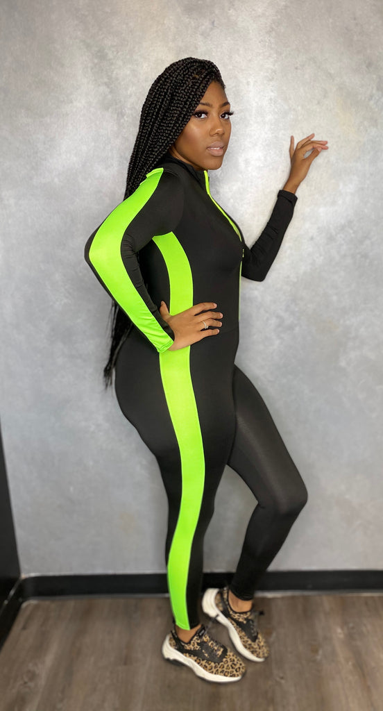 Neon green sale and black jumpsuit